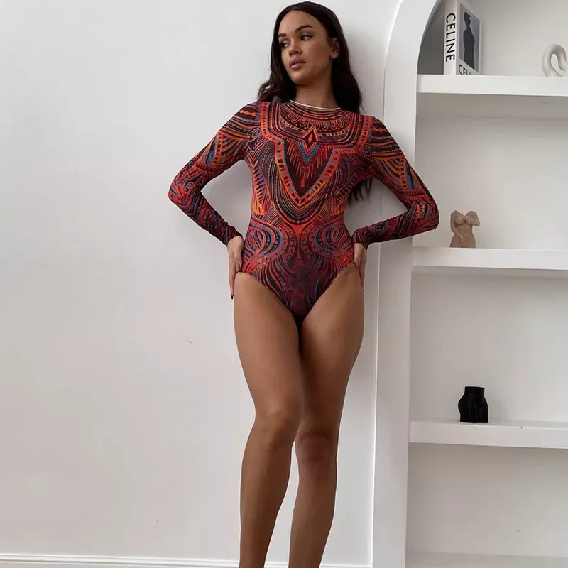 2025 New Fashion Print  Long Sleeve Sun-protective One Piece Swimwear for Women Summer Swimming Surfing Slimming Bikini Swimsuit