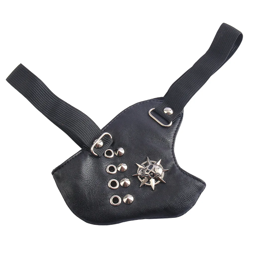 ผู้ชายผู้หญิงสีดํา PU หนัง Skull Rivet Punk Rock หน้ากาก Lady's Breathable Party คอสเพลย์ฮาโลวีนปาก-muffle R3365