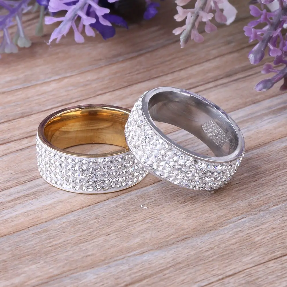 Fashion Unisex Inlaid Jewelry Weddig Band Ring Stainless Steel Full Filled Zircon