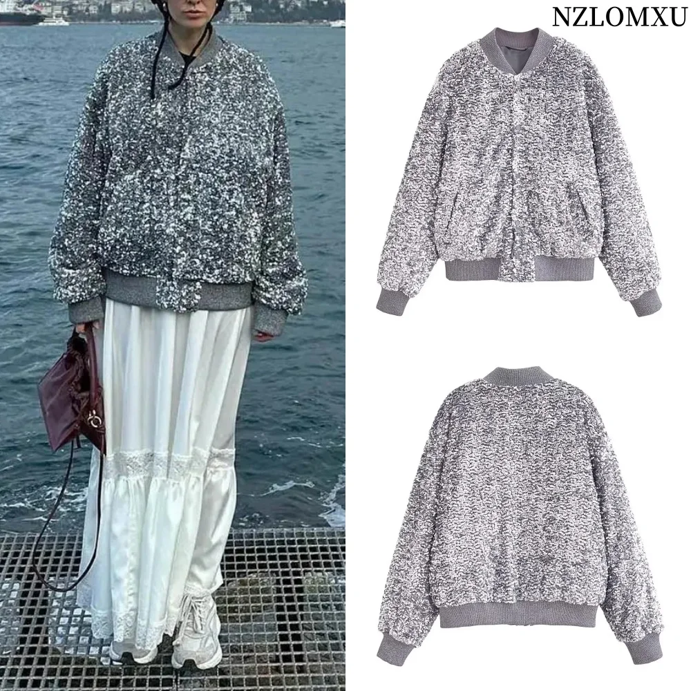 

2024 Women Silver Sequin Shinny Bomber Jacket Female Fashion Collar Long Sleeves Pockets Cardigan Lady Chic Streetwear