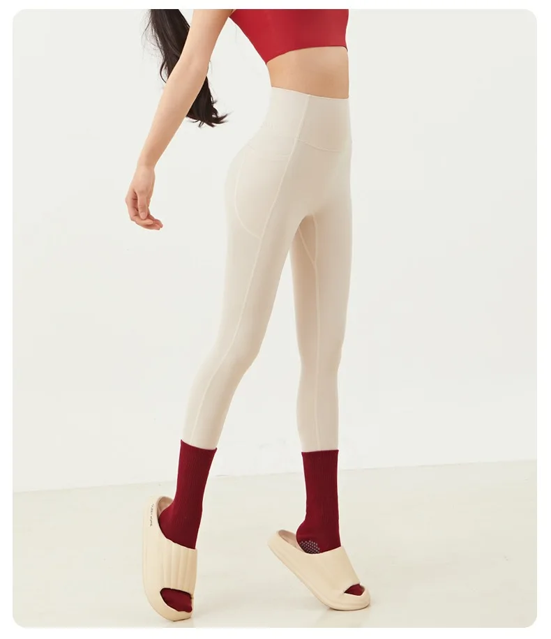 Yoga-Hose für Damen, hohe Taille, pfirsichfarben, hüftformend, schnell trocknend, mit Taschen, ohne Unterwäsche, Fitness-Gym-Hose – Detail 2