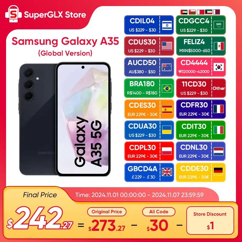 

2024 New Samsung Galaxy A35 5G Smartphone 128GB/256GB Exynos 1380 Android 14 OS 6.6in 120Hz Super AMOLED Display 5000mAh Battery