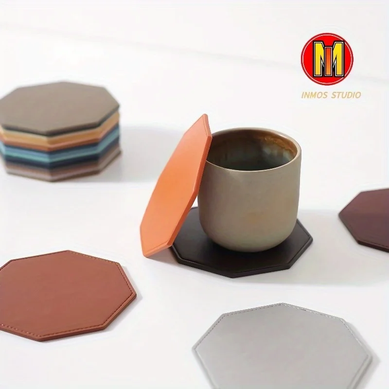 Inmos 3mm Octagon Coaster Set Tableware Nordic Home Decor Pu Leather Mug Pad Multi-Color Coffee Cup Mat