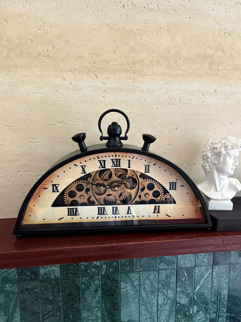 The American Style Large Table Clock, 16 inch Moving Gear Semi-circular Desk Clocks Oversized Vintage Industrial Metal Clock