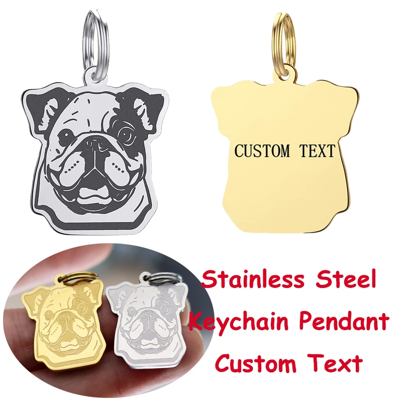 Cute French Bulldog Gold Plated Stainless Steel Keychain Pendant Pet Charms Kids Lucky Gifts Jewelry Custom Text Number Keyring