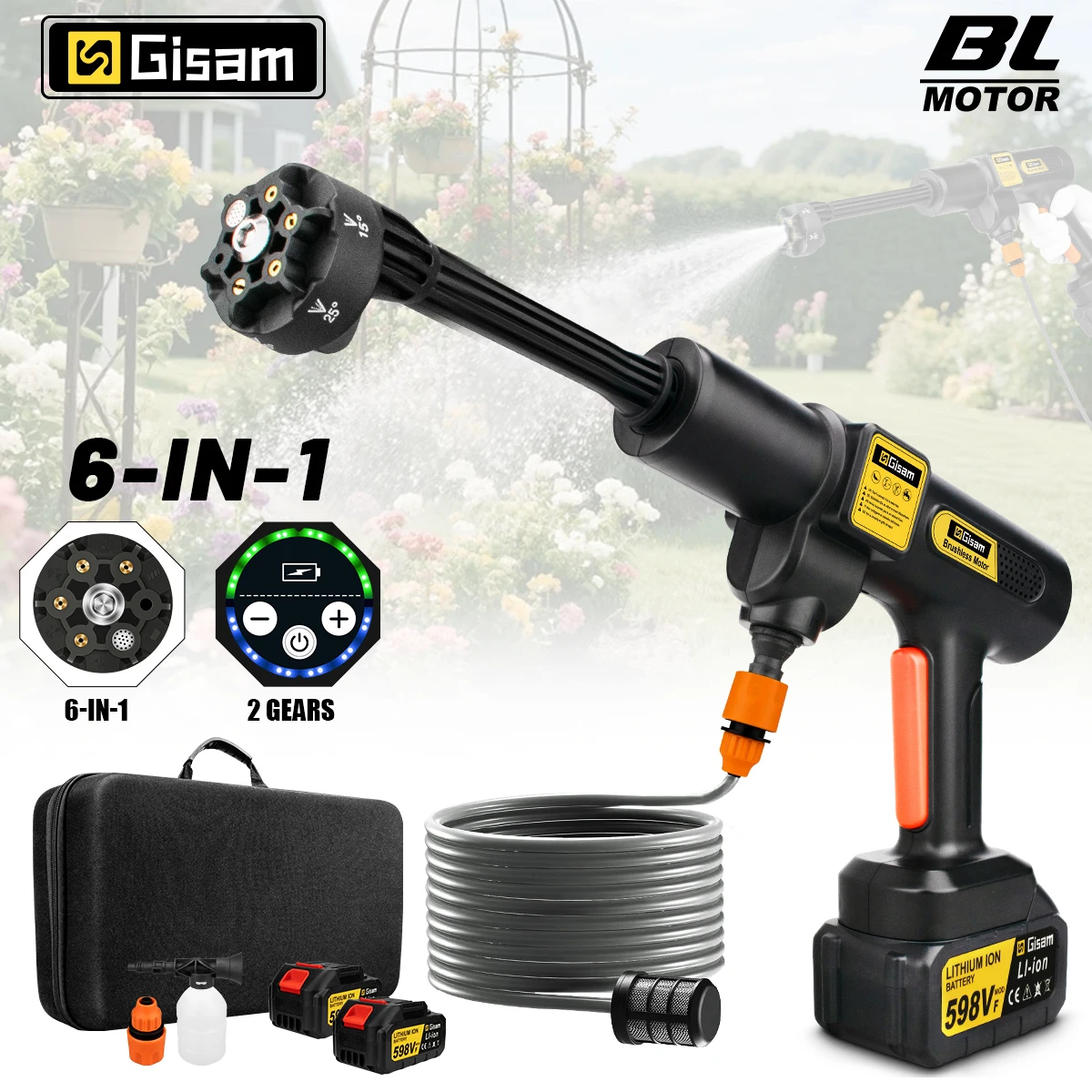 Nettoyeur haute pression électrique sans fil Gisam 200Bar 6 en 1 pour voiture et jardin, pistolet à eau pour batteries Makita 18V