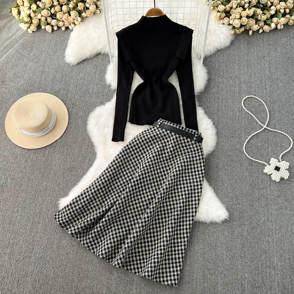 Autumn Winter Fashion Two Piece Skirt Set Women\'s Half High Collar knitted sweater Top Two-piece High Waisted Slim Plaid Skirt