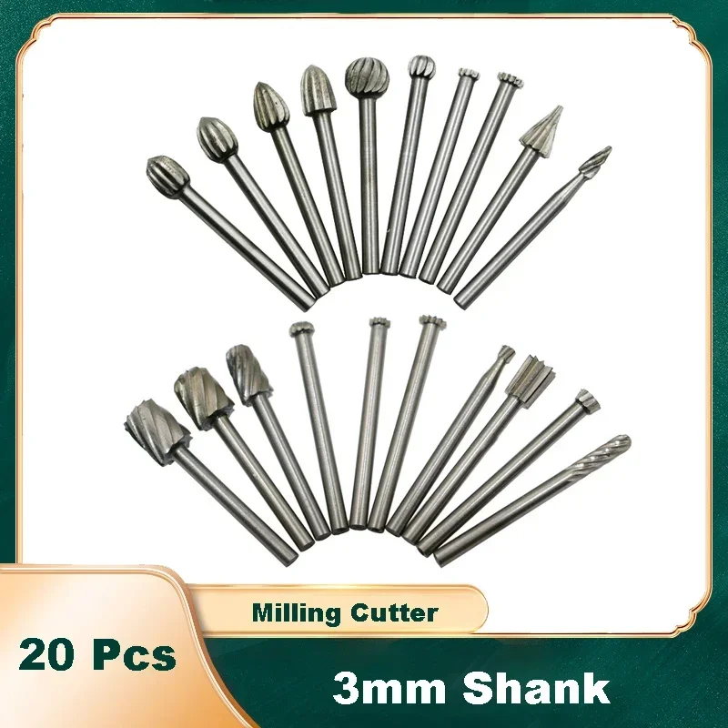 20Pcs HSS Routing Router Drill Bits Set for Dremel Carbide Rotary Burrs Tools Wood Stone Metal Root Carving Milling Cutter