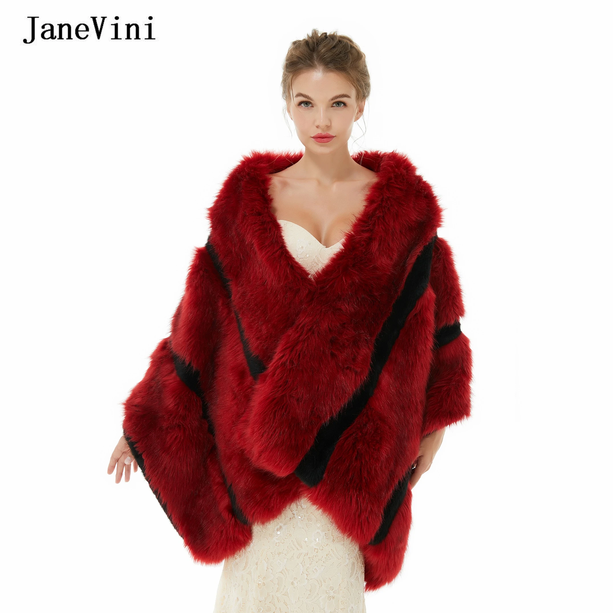 

JaneVini Fashion Burgundy Bridal Faux Fur Shawls Wraps Winter Wedding Bolero Evening Party Jacket Fur Coat Cape Fourrure Mariage