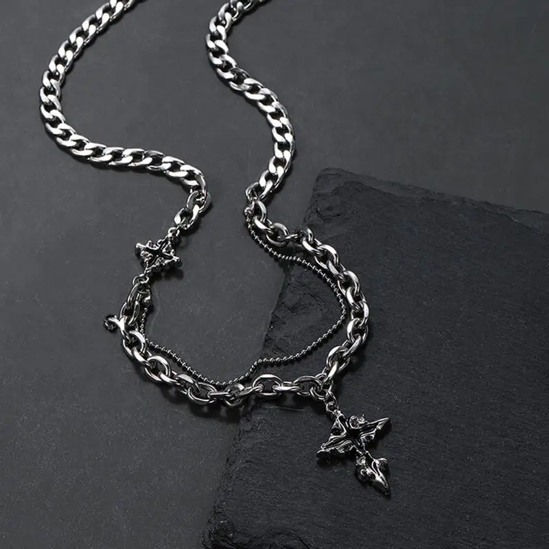 Punk Black Flame Cross Necklace For Men Women Trend Titanium Steel Chain Sweater Pendant Hip Hop Jewelry Cool Kpop Accessories