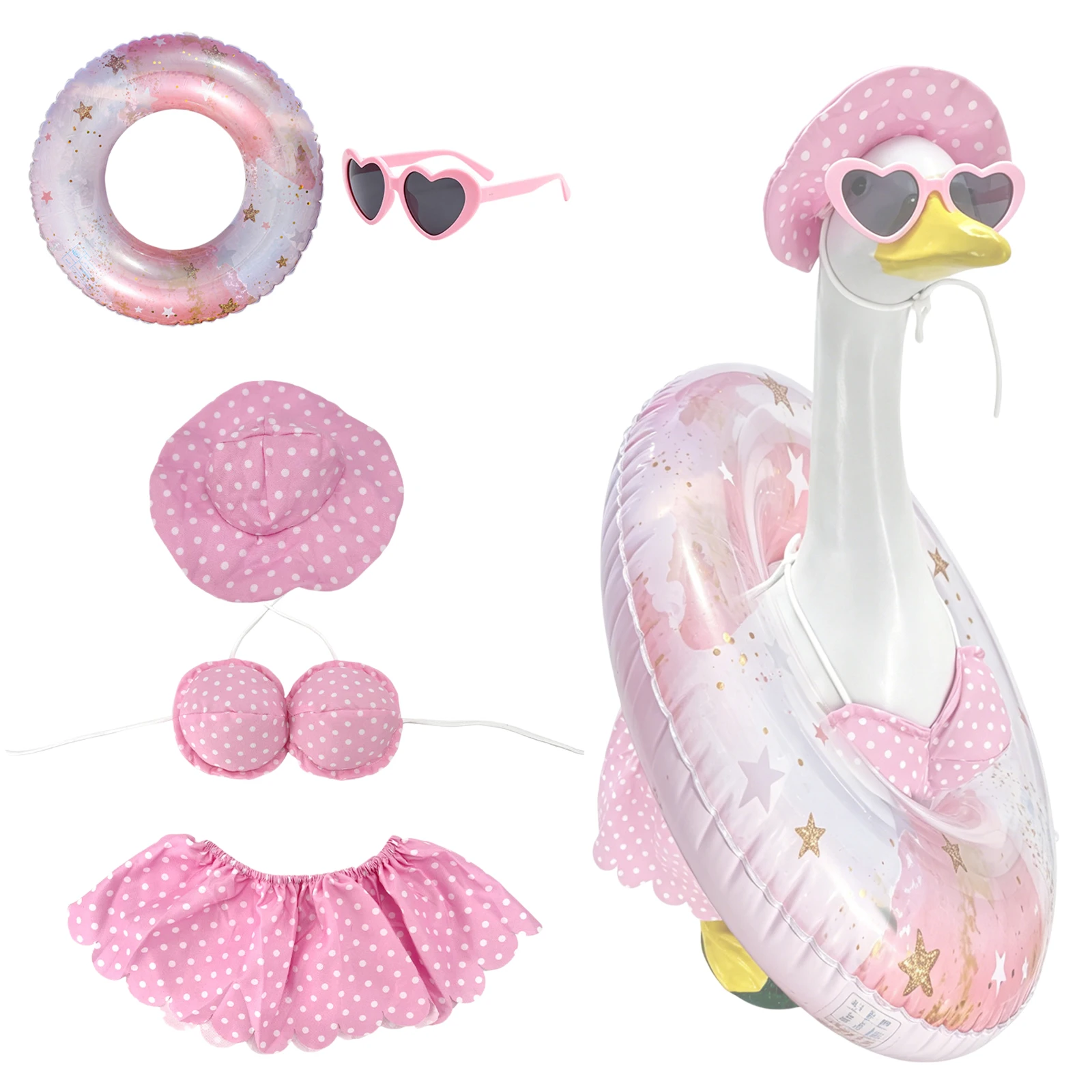 Lawn Goose Statue Costume with Hat Sunglasses & Swimming Ring 23 Inch for Outdoor Patio Yard Decoration