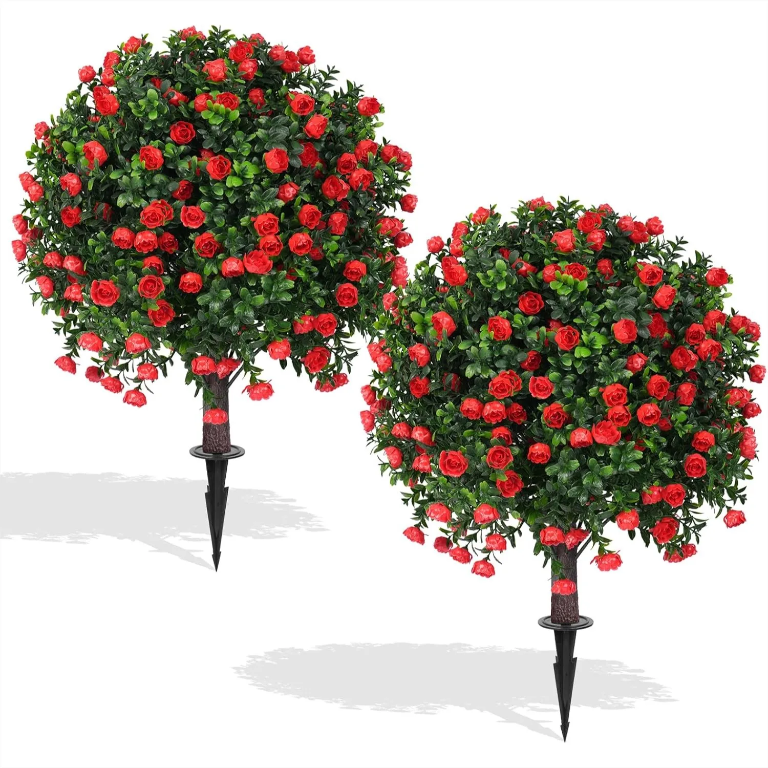 

Artificial Boxwood Topiary Ball Trees with Red Rose, 2 Set of 16'' UV Resistant Fake Evergreen Shrubs for Indoor Outdoor Garden
