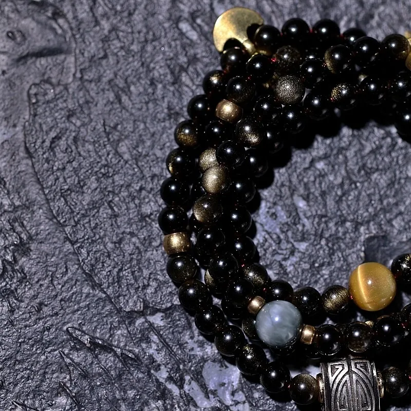 Original Design Fine Natural Gold Sheen Obsidian Unisex Handmade Buddhist Prayer Beads Bracelet Necklace Tibetan Mala 108 Count