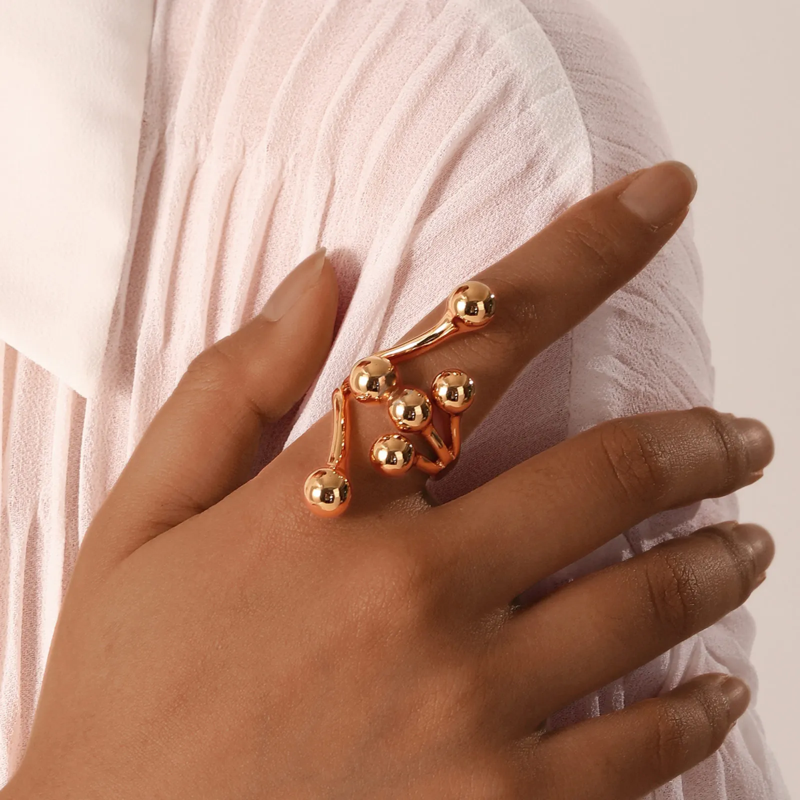 Layered Round Beaded Ball Wrap Finger Rings,Stainless Steel Exaggerated Ball Gold Plated Ring,Irregular Finger Trendy Jewelry