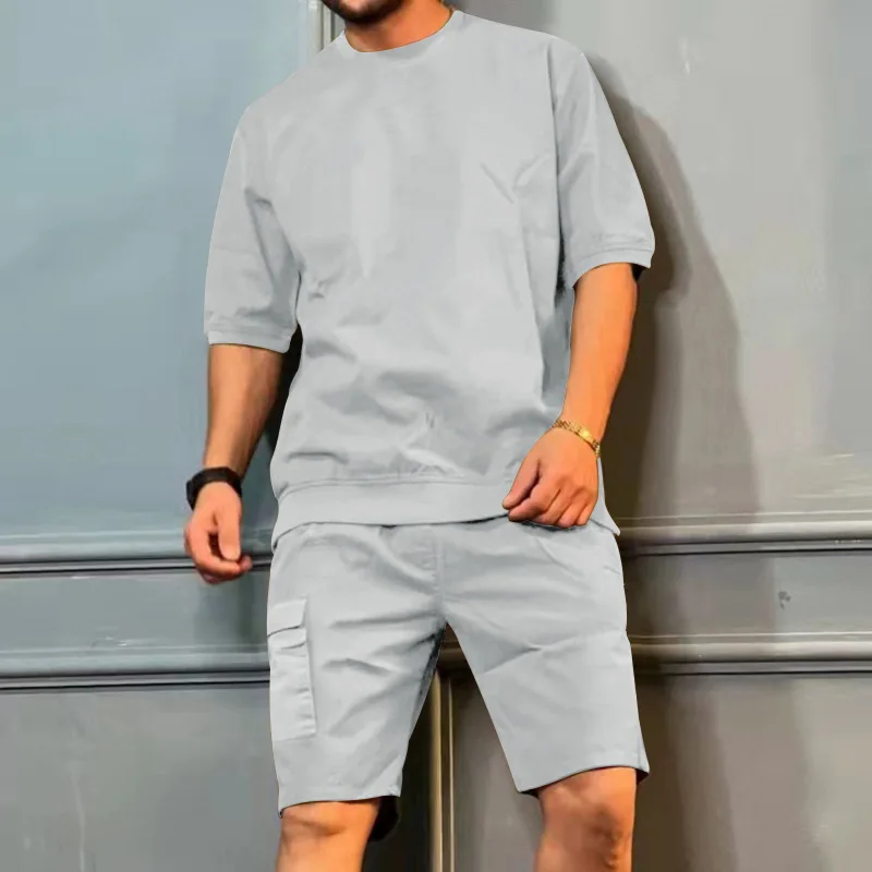 Mens Summer Cargo Sports Set  Cross Border Multi Pocket Five Point Shorts with Trendy Casual Short Sleeve Stylish Mens Two Piece