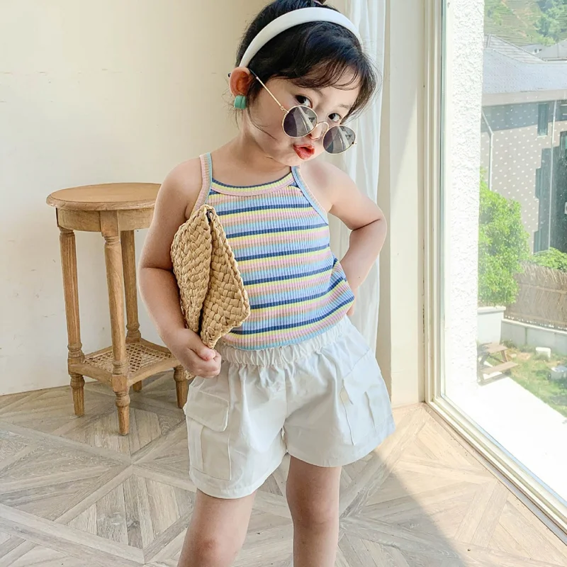 

Summer Toddler Girls Rainbow Plaid Camisole Kids Girls Sling Sleeveles Vest Cute Wing Decoration Children Clothing Tops