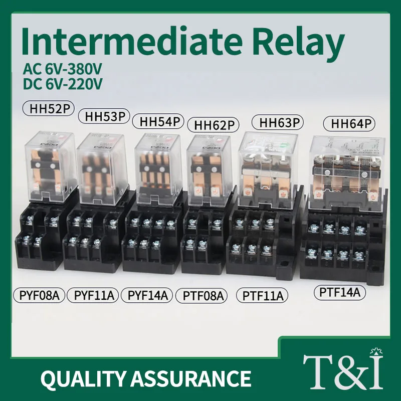 Small Intermediate Relay AC 6V-380V DC 6V-220V Three-phase 380v Electromagnetic Relay with Base Switch HH52P/53P/54P/62P/63P/64P