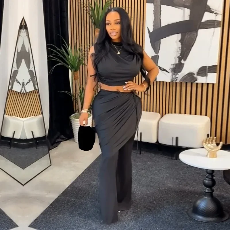 GUWU Lässige aktive Sets für Damen, ärmelloses O-Ausschnitt, gerafftes Oberteil und gerade Hosen, Anzüge, 2025, Herbst, Straße, zweiteiliges Set, Outfit