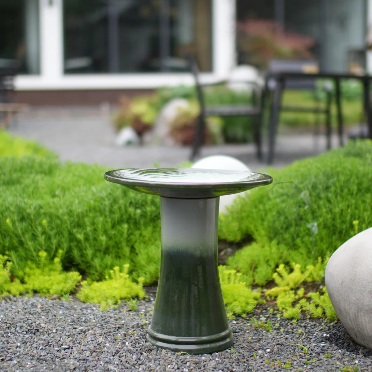 Handmade glazed ceramic bird bath, 17" concentric ripple embossed tray & 18" pedestal base, white to sage green ombre gradient glaze outdoor bird feeder for yard, lawn, patio & backyard view 3