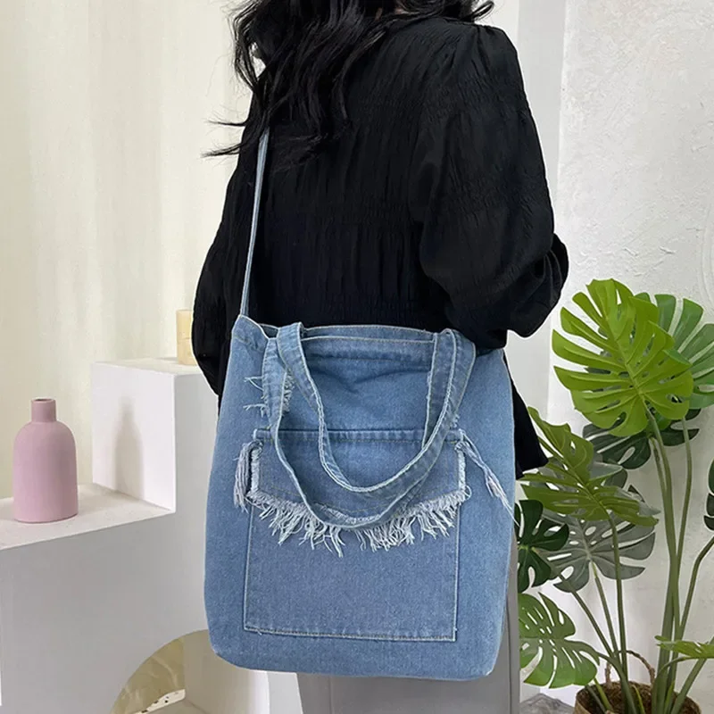 

Canvas Denim Wash Tassel Tote Large Capacity Clamshell Crossbody Bag Student Class Casual Shoulder Purses And Handbags