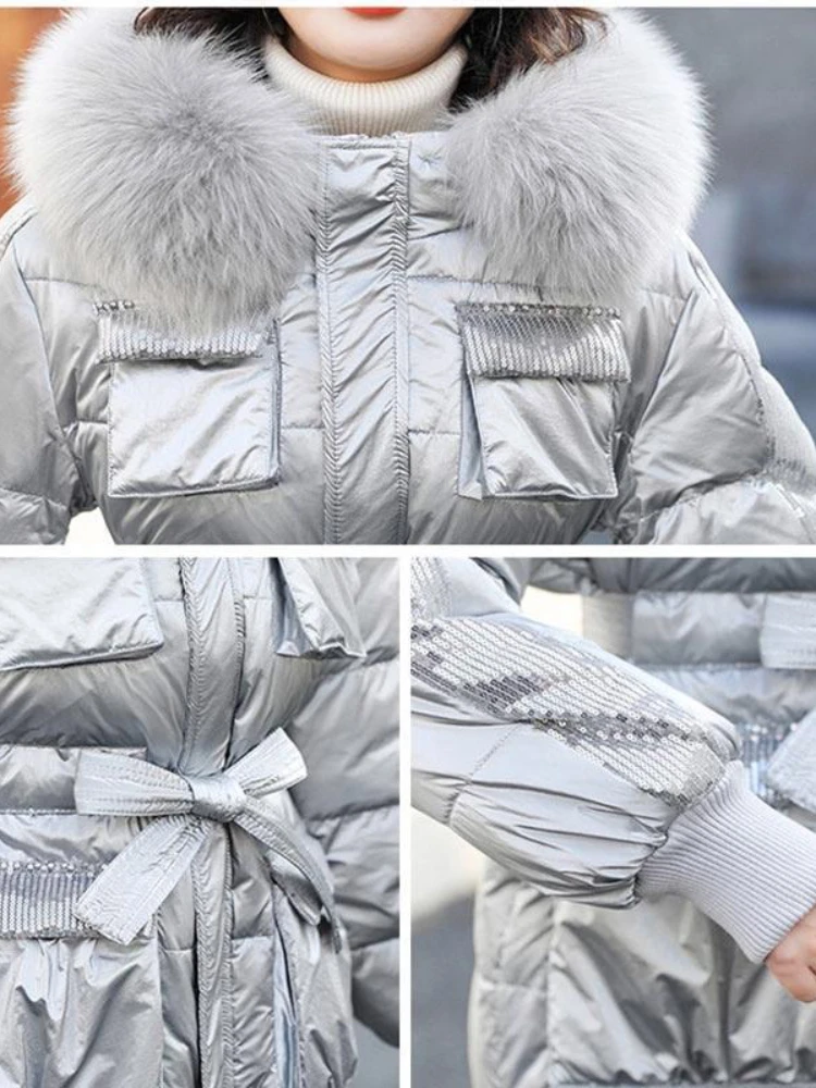 White Duck Down Padded Coat 2024 New Winter Hooded Down Padded Jacket Women Bright Face Jacket Big Fur Collar Long Parka Coat