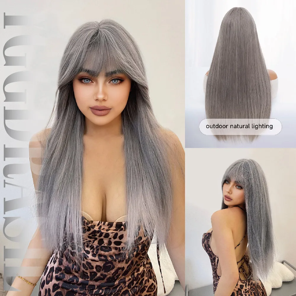 

26Inch Vintage Style Silver Gray Synthetic Wigs With Bangs Long Natural Straight Hair For Women Cosplay Daily Use Heat Resistant