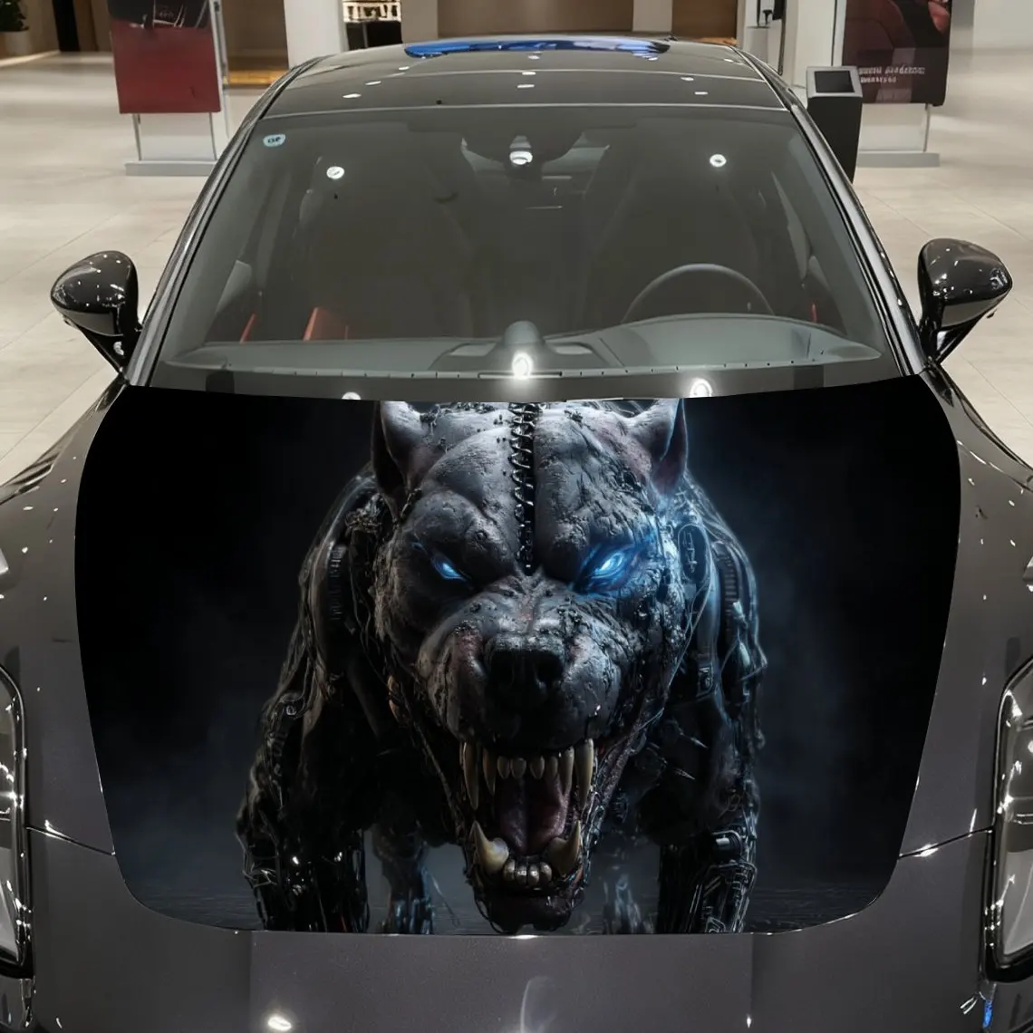 

Cybernetic Mad Dog Car Vinyl Wrap, PVC Material Waterproof Car Hood Sticker, Self-Adhesive Scratch-Resistant Stickers for Engine