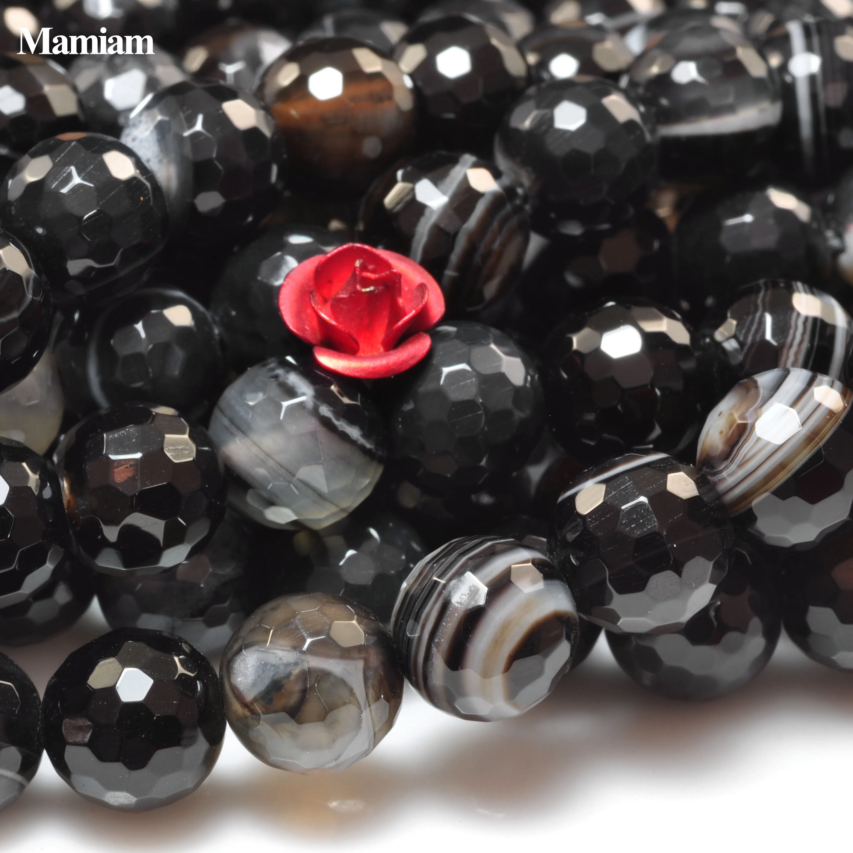 Mamiam Natural A+ Black Stripe Onyx Eye Agate Faceted Round Beads 8mm Smooth Loose Stone Diy Bracelet Necklace Jewelry Making