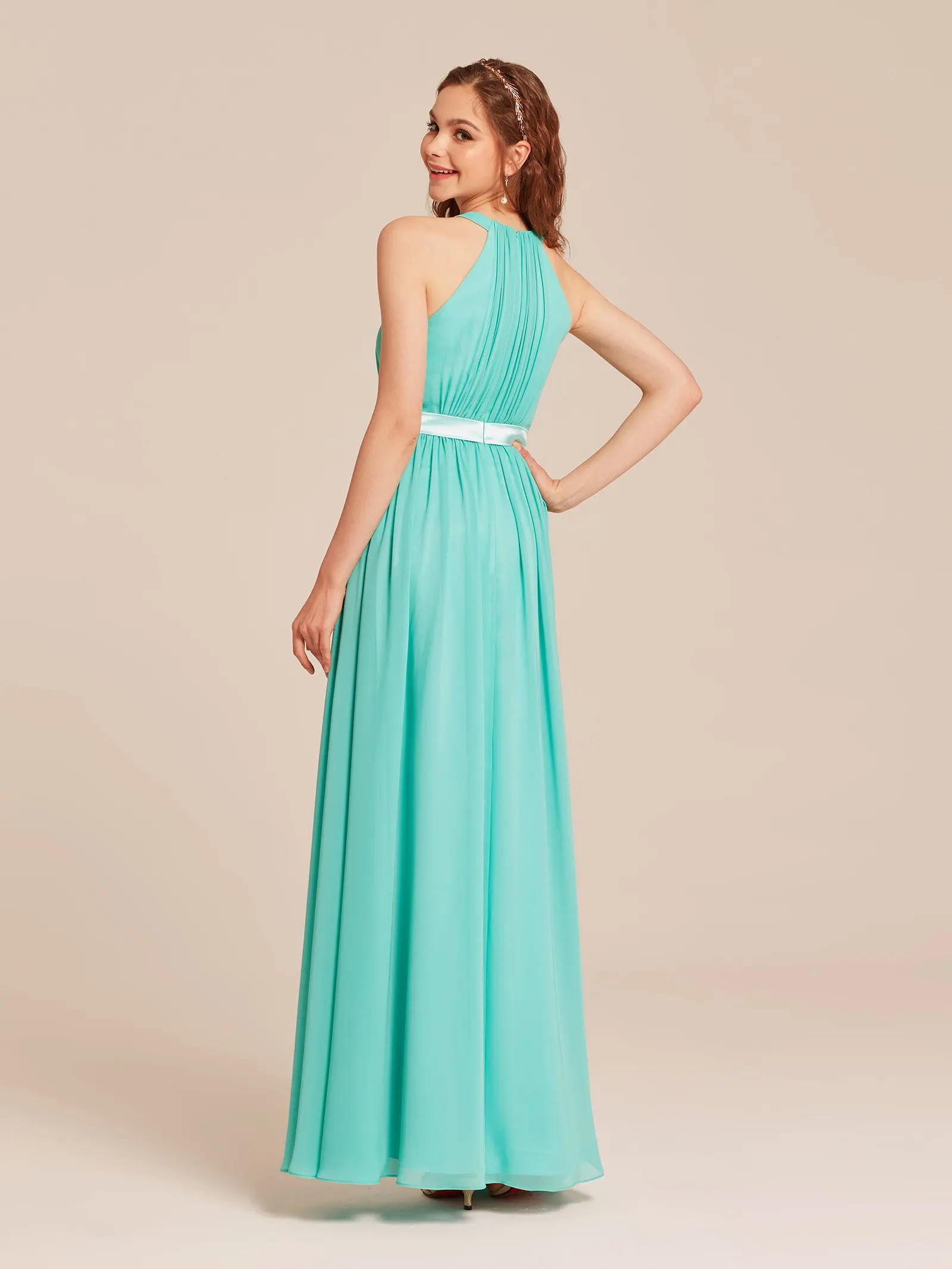 CloverBridal Worthy In Stock Pleated Chiffon High Quality Halter A-line Turquoise Long Floor Length Elegant Bridemaid Gown 1653