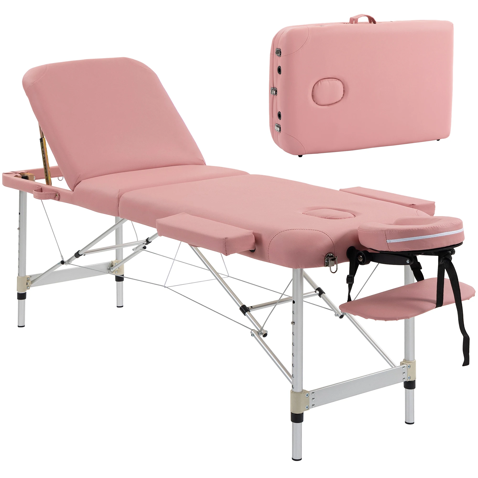 HOMCOM Camilla de Masaje Plegable con Reposacabezas Estructura de Aluminio Rosa