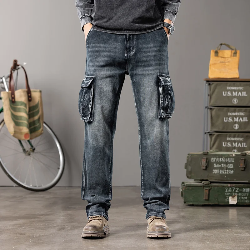 Autumn and winter new styles Men's Outdoor Wide Leg Workwear Multi-Pocket Jeans Straight fit plus size men's jeans 42 44 - Image 5