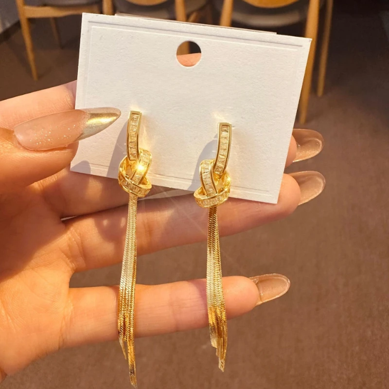 

Simple and Fashionable Temperament, Zircon Knotted Long Tassel Women's Earrings, Classic and Personalized Accessories