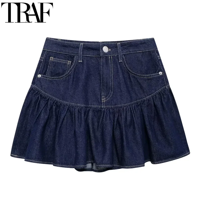 TRAF Women\'s Skirt Blue Denim Skirt Woman Belt Pleated Jeans Short Skirt For Women Autumn Fashion Ruffle Mini Skirts Womens 2024