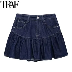 TRAF Women's Skirt Blue Denim Skirt Woman Belt Pleated Jeans Short Skirt For Women Autumn Fashion Ruffle Mini Skirts Womens 2024