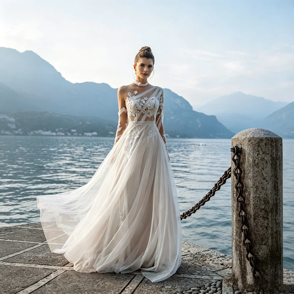 One Shoulder Long Sleeve Lace Applique Wedding Dress Illusion Back A Line Tulle Bridal Gown Train Wedding Party Robe De Mariee