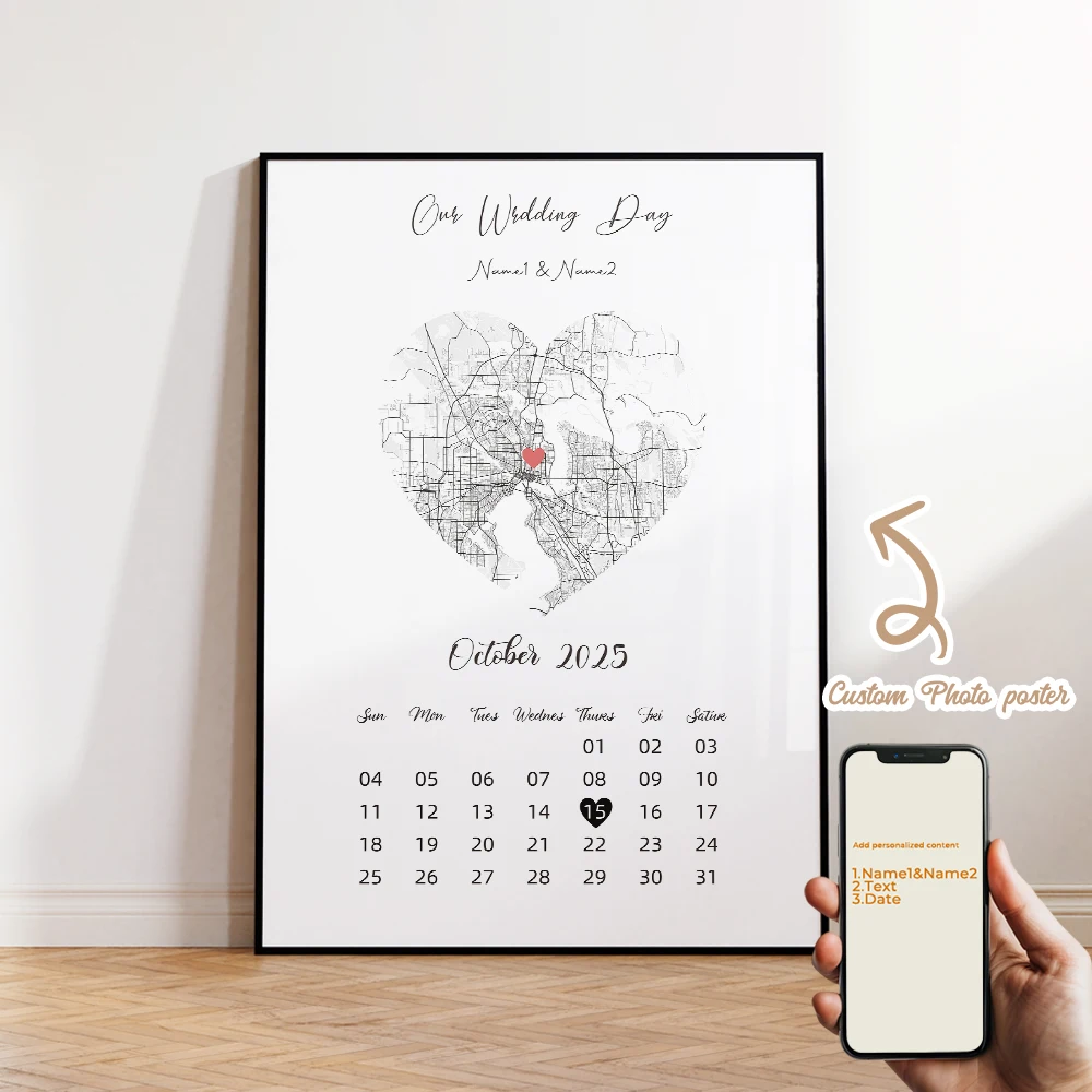 Stampa su Tela Personalizzata con Nomi e Mappa della Città, Arte Murale Moderna per Compleanno, Poster Decorativo per Soggiorno