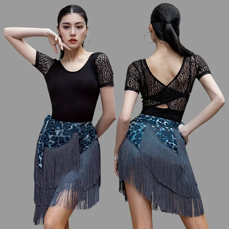 2023 nuove donne adulte costumi di danza latina Sexy nero Backless Top estate sala da ballo in pizzo manica corta t-shirt