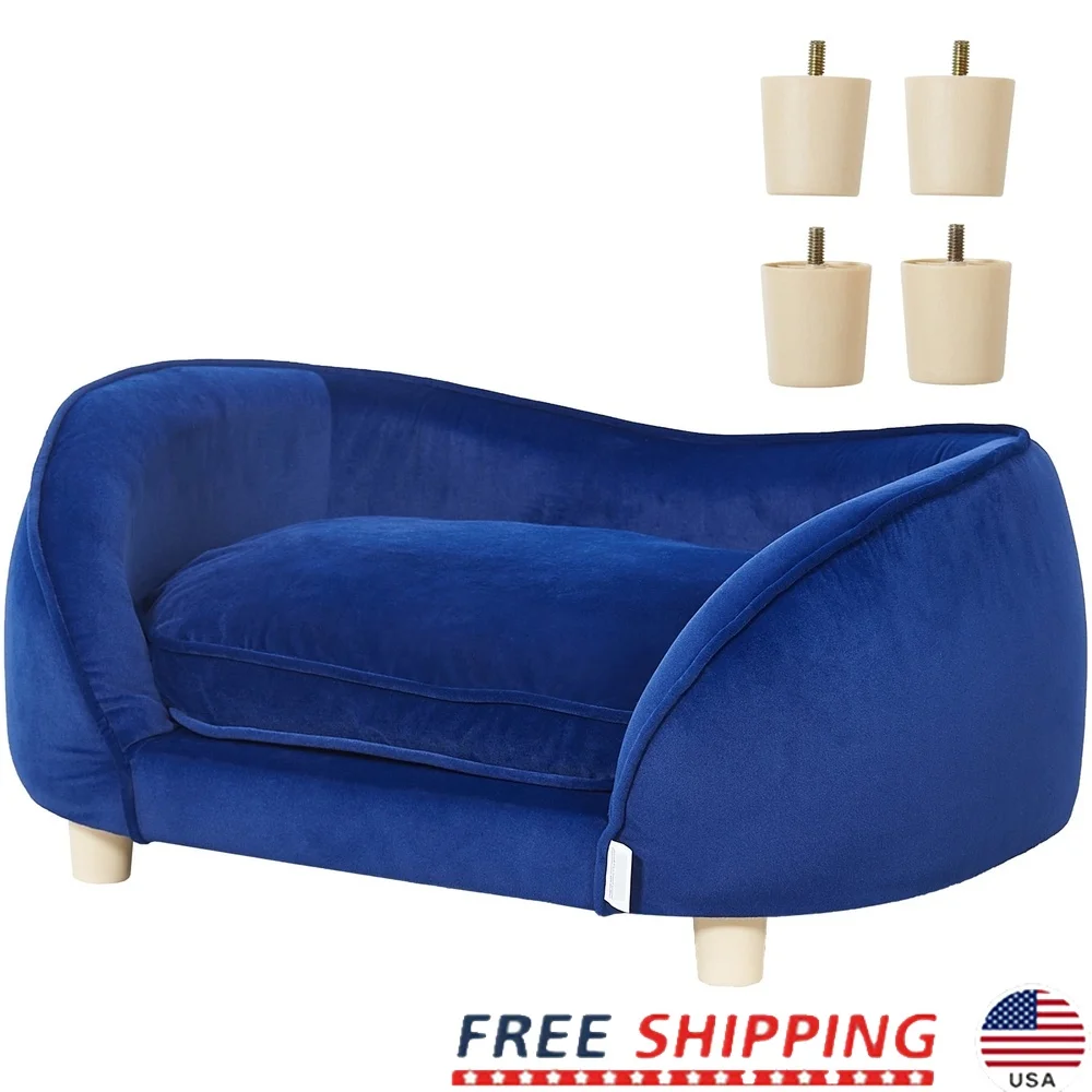 

Comfortable Pet Sofa Couch Dogs Cats Plush Bed with High-Resilience Foam Scratch-Resistant Velvet Removable Cushion Durable Wood