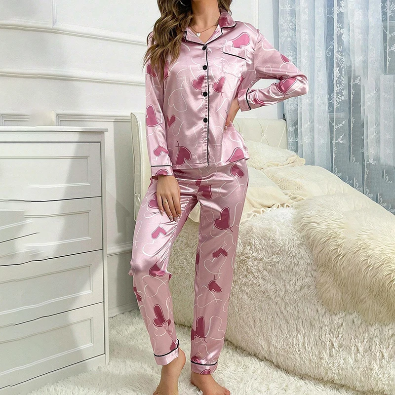 Satin Heart Print Pajama Set Autumn Long Sleeve Lapel Top with Pocket Elastic Waistband Pants for Women Sleepwear Home Clothing