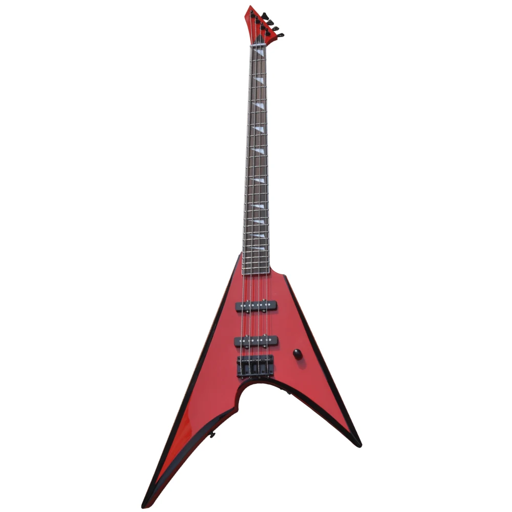 Flyoung 4 Strings Red V Electric Bass Guitar with Black Trim Rosewood Fretboard 24 Frets