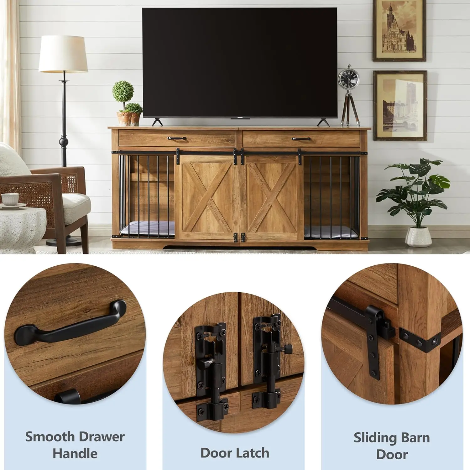 صناديق كلب مزدوجة على طراز أثاث كبير جدًا مقاس 72.5 بوصة للسلالات الكبيرة، أثاث بيت كلب خشبي مقاس XXL مع أدراج، مقسم