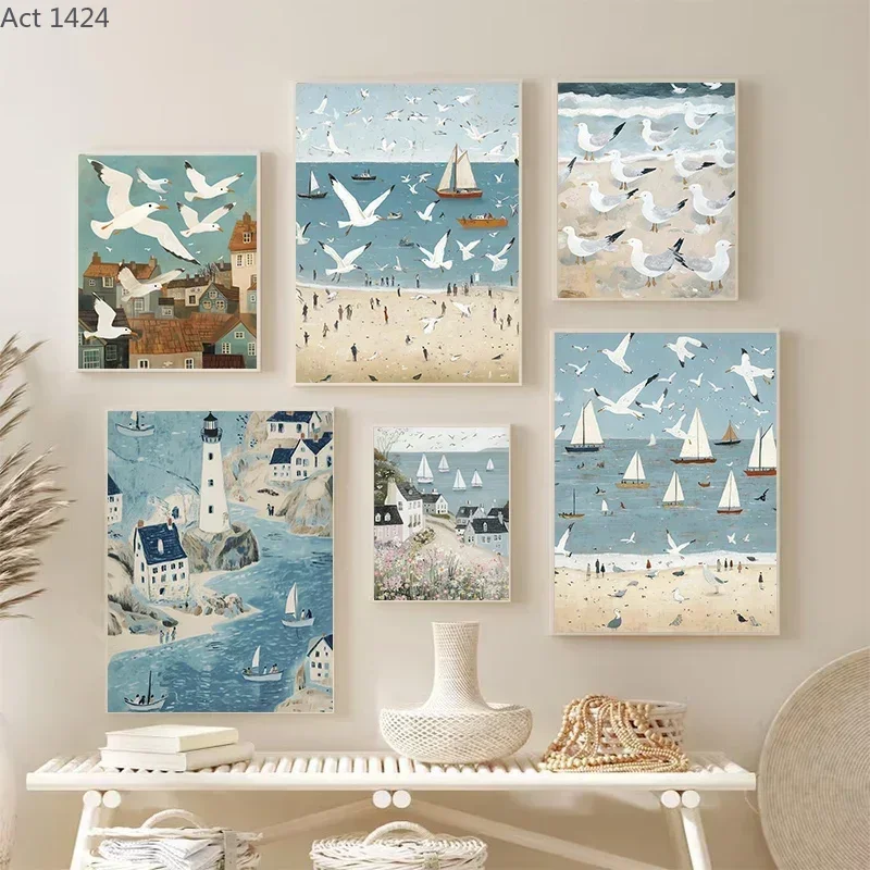 (1pc frameless)Summer Village Pattern Illustration Series Theme Canvas Printing Fashion Populars Colors Mural Studio Home Dec