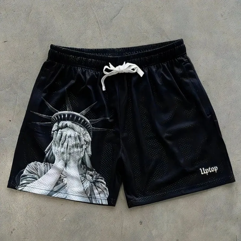 Europäische und amerikanische Herren- und Kinder-Sommer-Shorts mit Freiheitsstatue-Aufdruck, bequeme, atmungsaktive Shorts mit Kordelzug, Outdoor-Freizeithosen