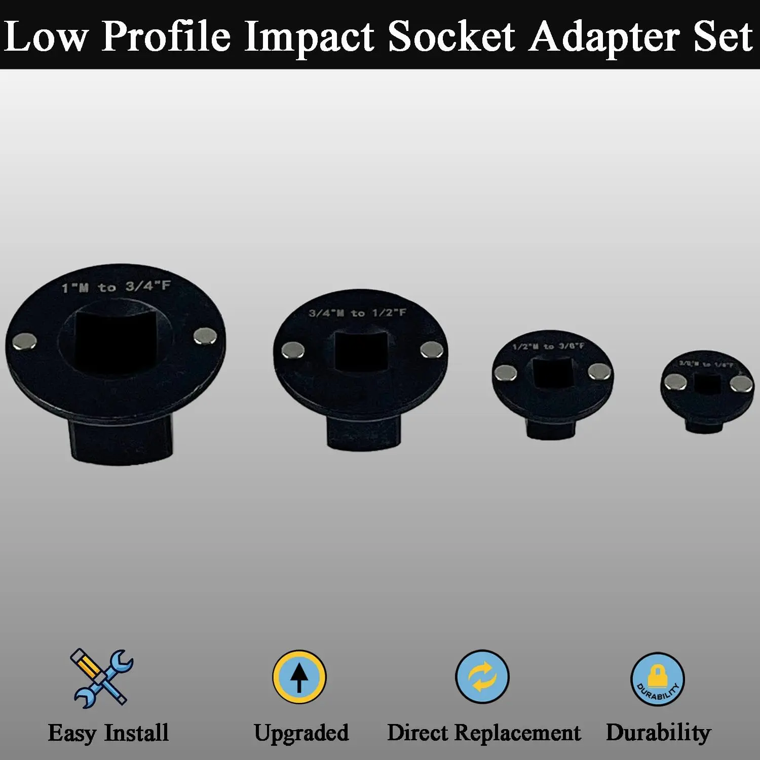 4個入りロープロファイルインパクトソケットアダプターセット、1/4インチから3/8インチ、1/2インチから3/4インチ、3/4インチから1インチ、自動車およびDIYツール用
