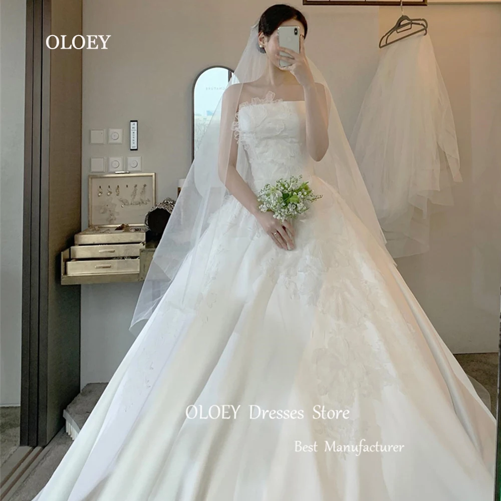 

OLOEY Exquisite Ivory Strapless Wedding Dresses Silky Taffeta Lace Appliques Braid Gowns A-Line 2024 Korean Photoshoot Corset