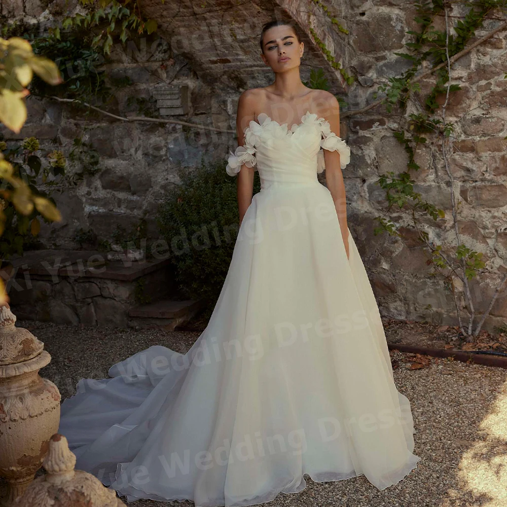 

Romantic A Line Women's Wedding Dresses Off The Shoulder Vestidos De Novias De Boda Bride Gowns Customized Sleeveless Vestidos
