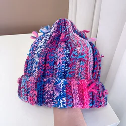 Niche Colored Fringed Wool Hat Women Autumn Winter Japanese Warm Ear Protection Contrasting Hand Crochet Knitted Beanie Hat