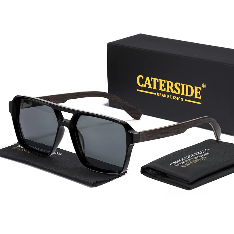 CATERSIDE Piloten-Sonnenbrille für Herren, Massivholz-Bügel, flaches Doppelbrücken-Design, Sonnenbrille für Damen, Sommer-Outdoor-Modebrille – Detail 7