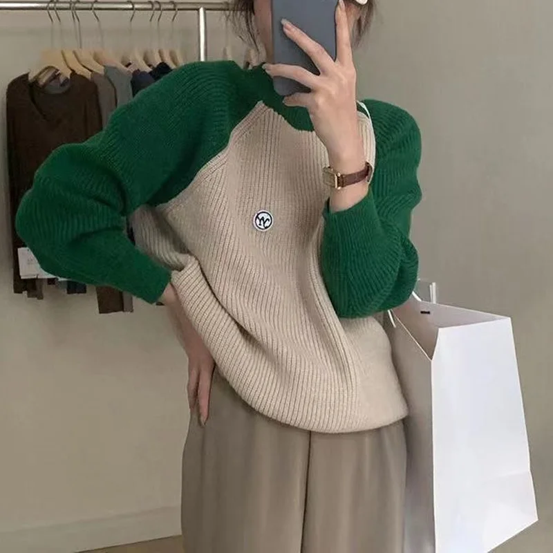 Autumn Fashion Color Blocking Loose Knitting Sweaters Women New Classic Long Sleeve Korean O-collar All-match Pullover Top 2022