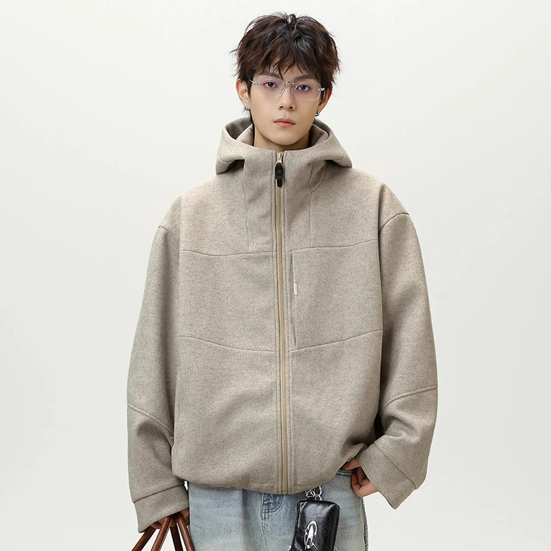 

Spring Faux Wool Men Hooded Jacket Y2K Korean Loose Casual Patchwork Coats Bf Fashion Trend Stitching Blended Sports Outerwear